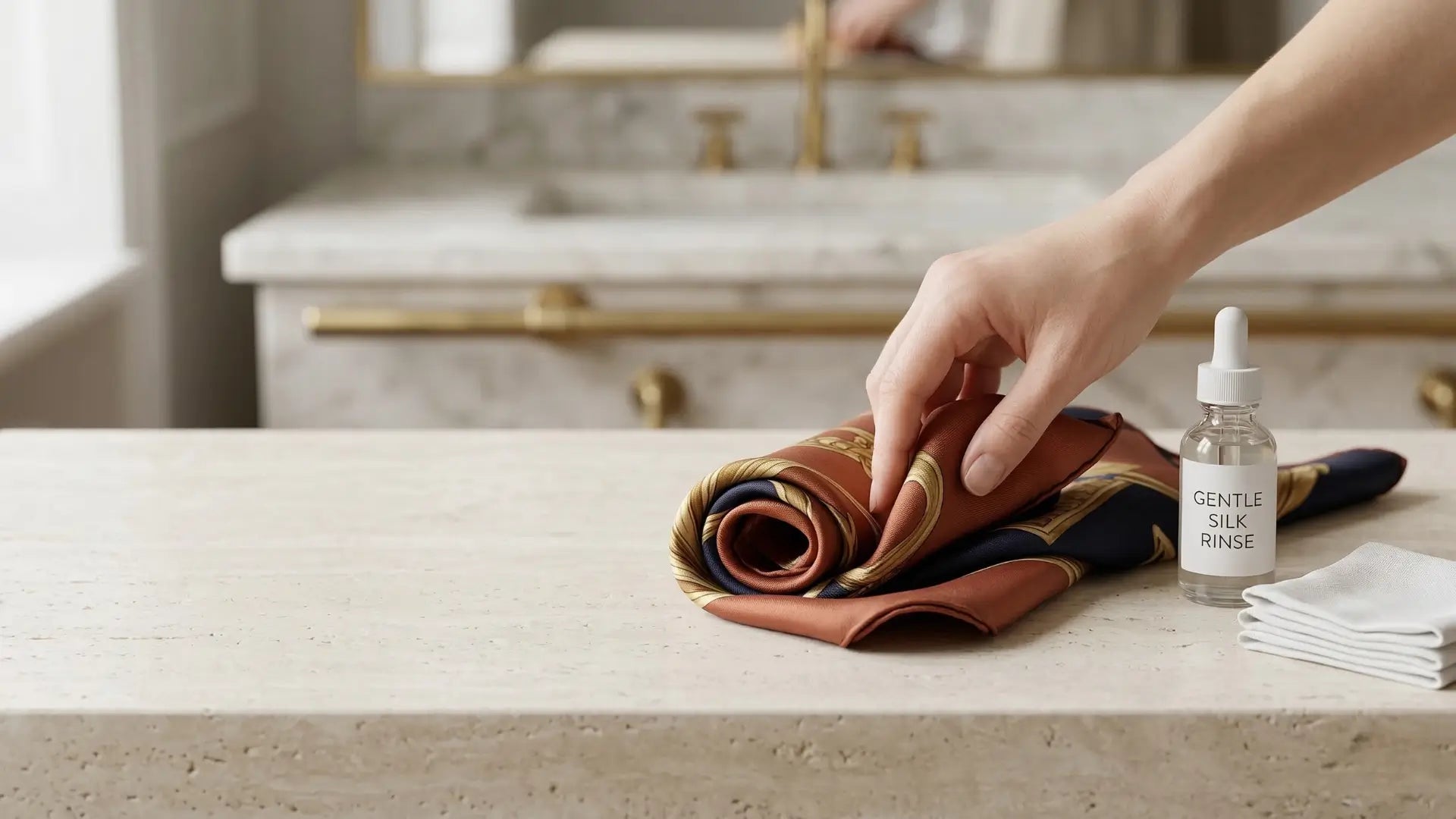 Rolled brown and navy silk scarf with gold thread detailing