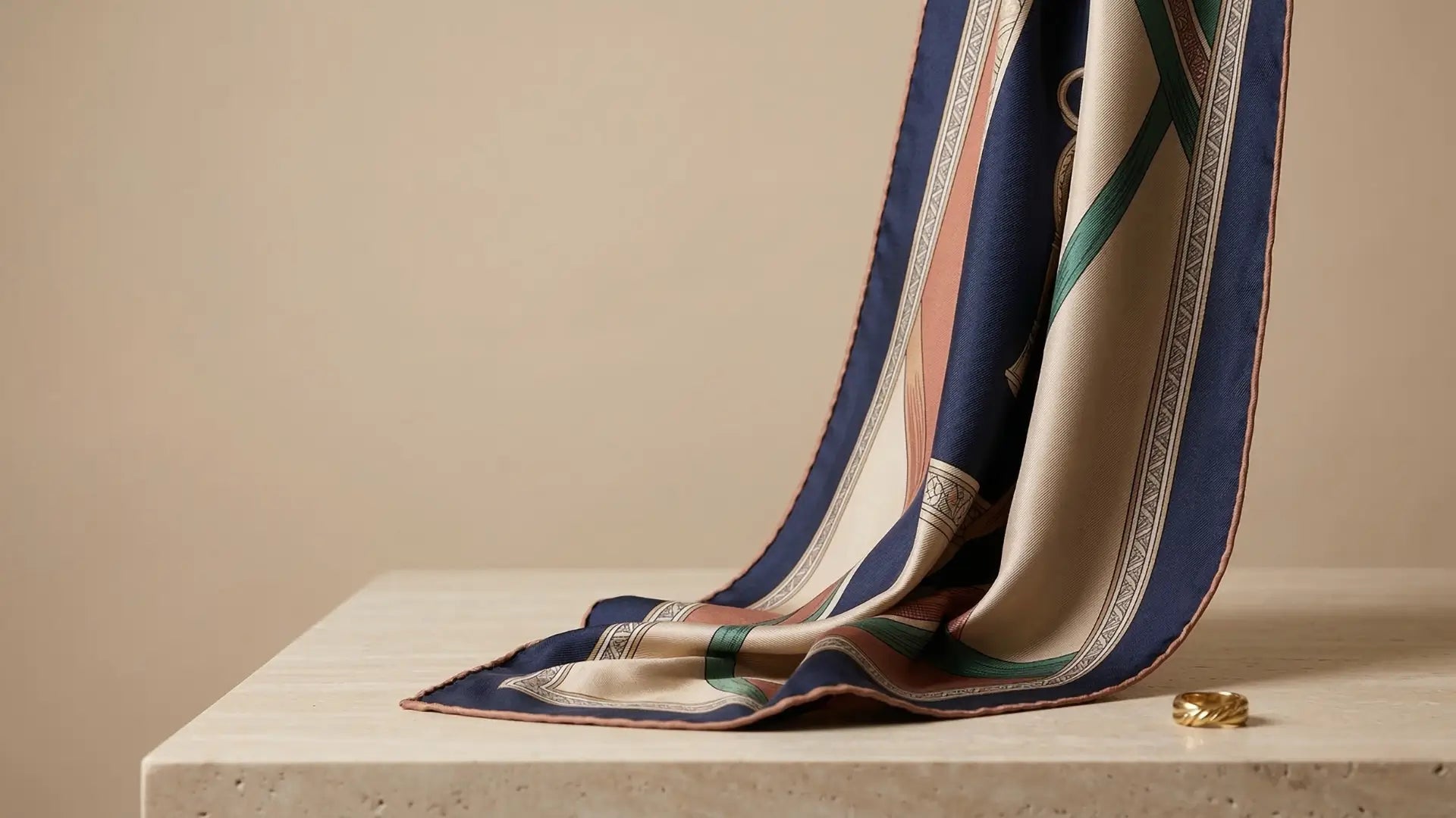 Elegant navy blue silk scarf with geometric patterns in article on scarf lengths