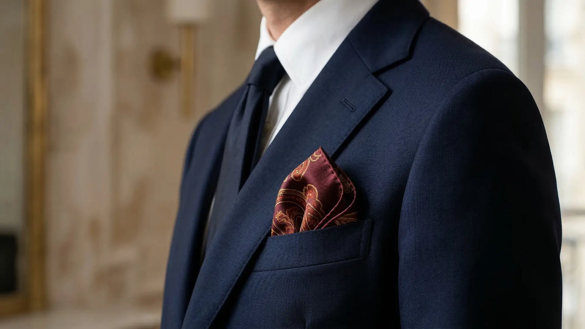 Rich burgundy silk paisley pocket square folded in navy suit pocket Image
