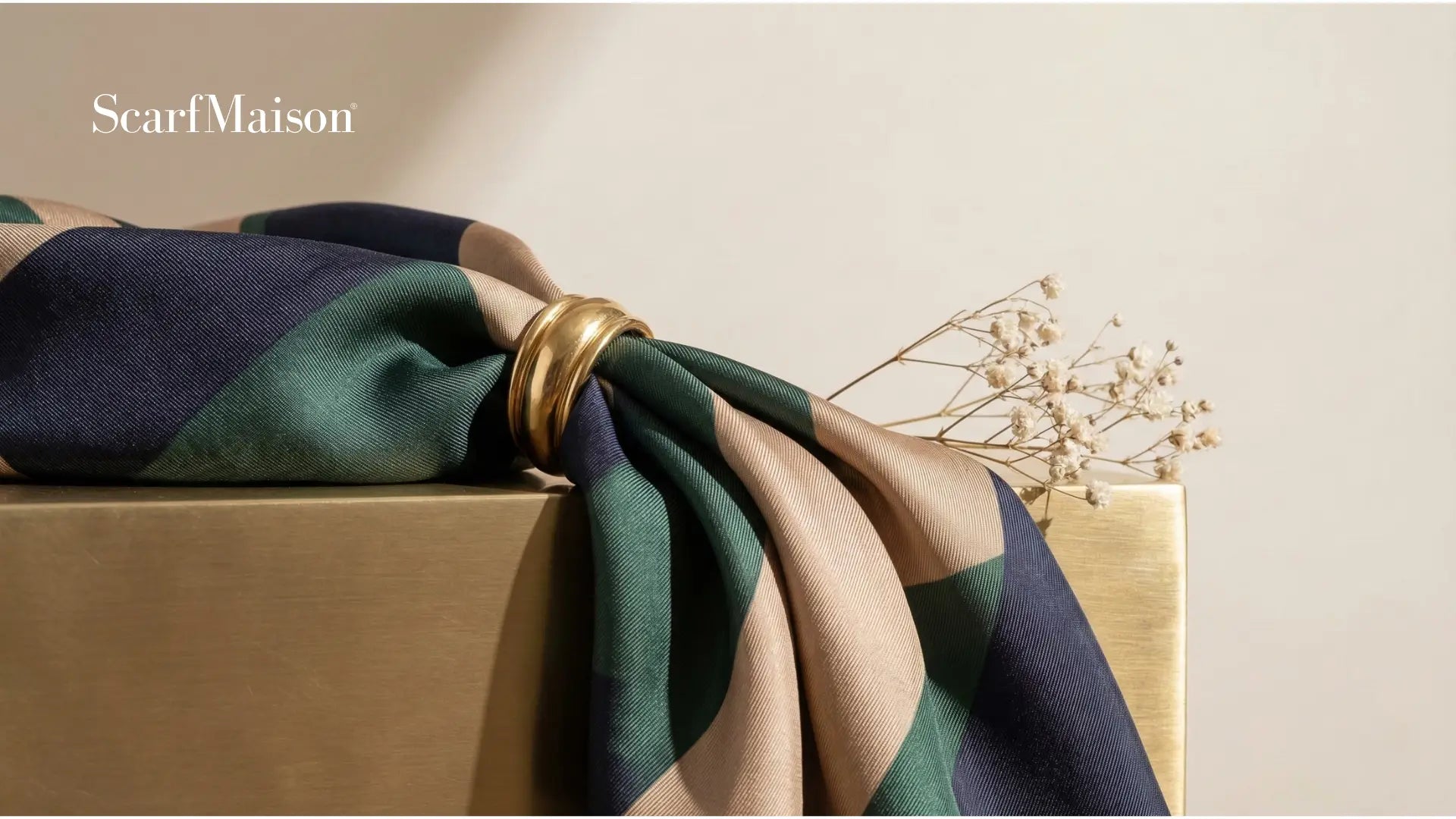 Scarfmaison scarf in navy, emerald green, beige geometric pattern with gold ring tie