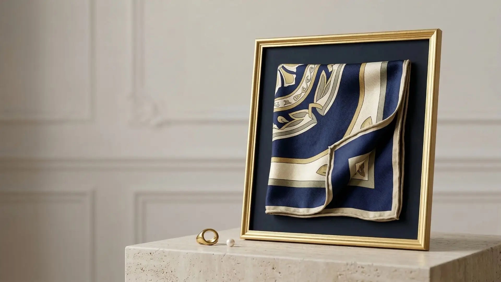 Navy blue silk pocket square with cream gold geometric patterns in golden frame Image