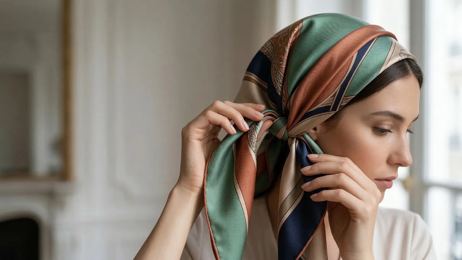 Woman wearing silk scarf with green, rust orange, navy and beige stripes on head