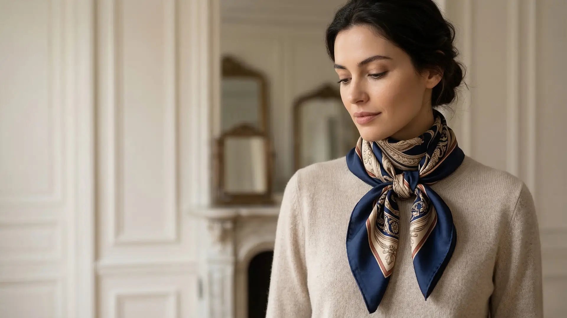 Navy blue and gold patterned silk scarf elegantly tied around neck Image