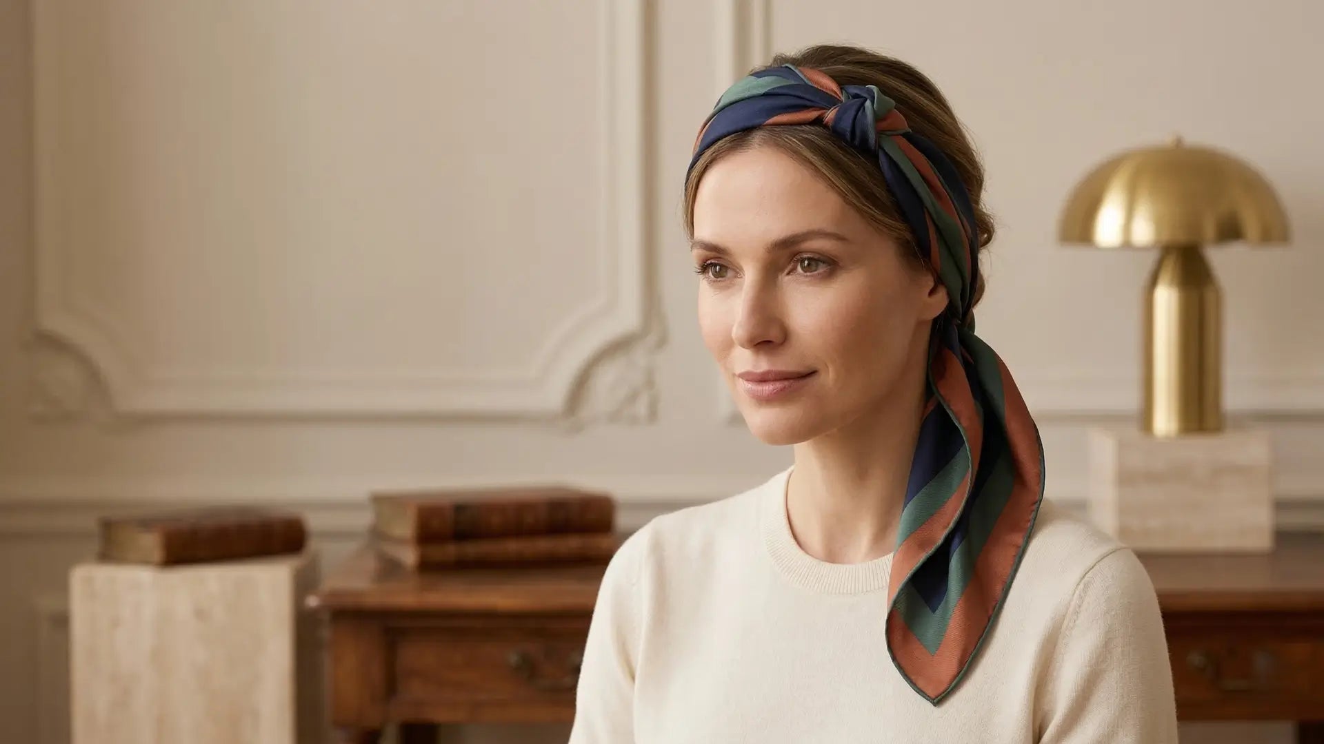 Woman tying striped silk scarf headband in navy, green, rust knot Image