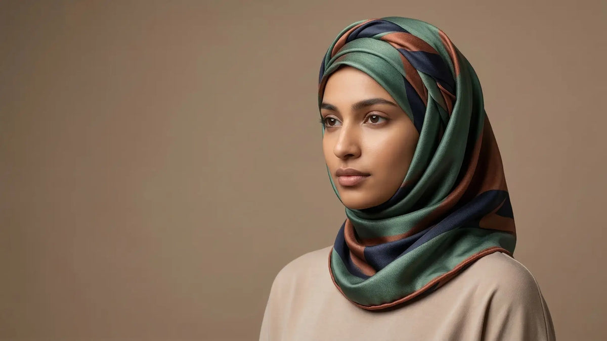 Woman in green brown navy striped satin hijab tied in Arabic style Image