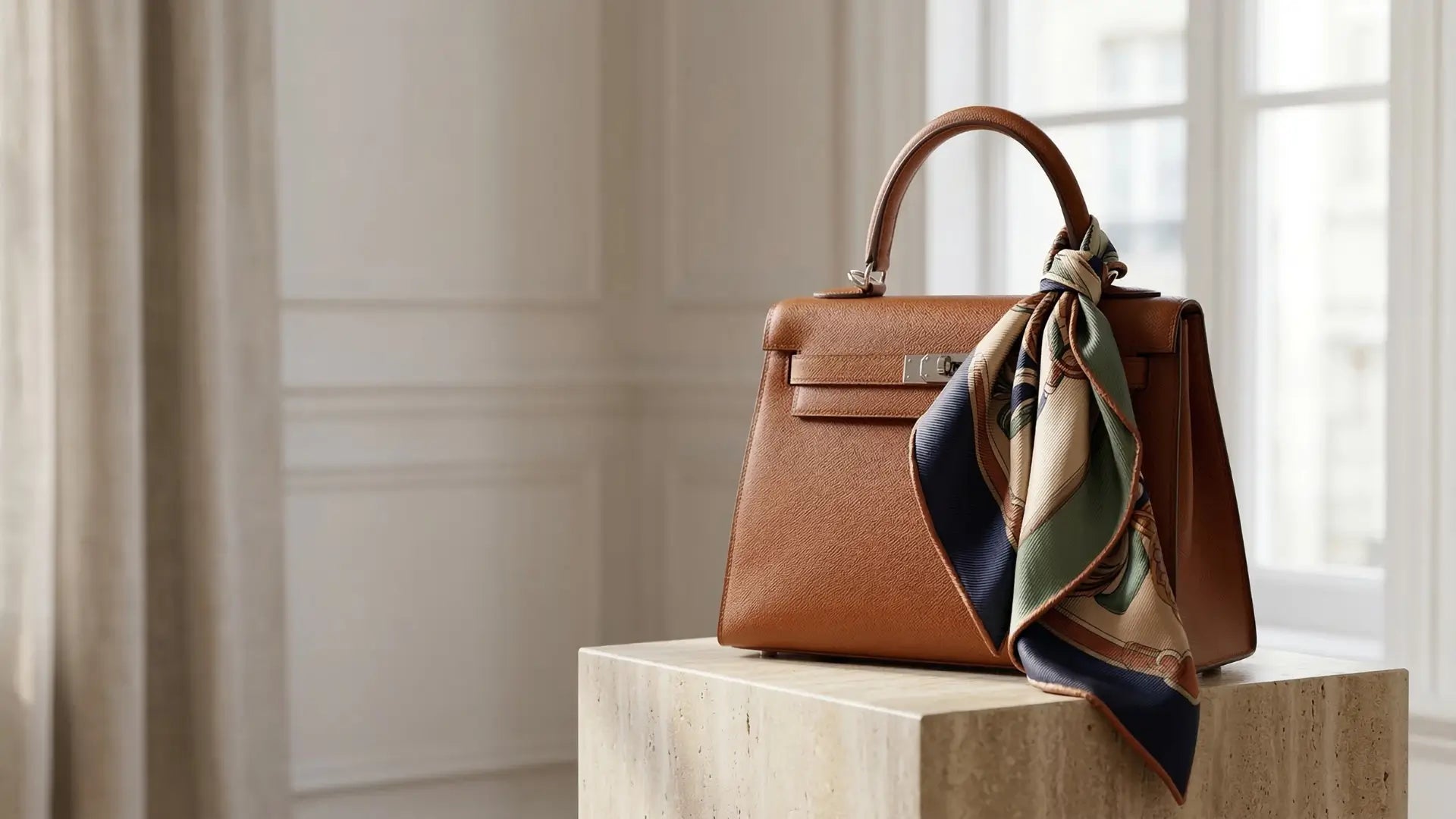Tan Hermes Kelly bag with silver clasp, scarf on strap