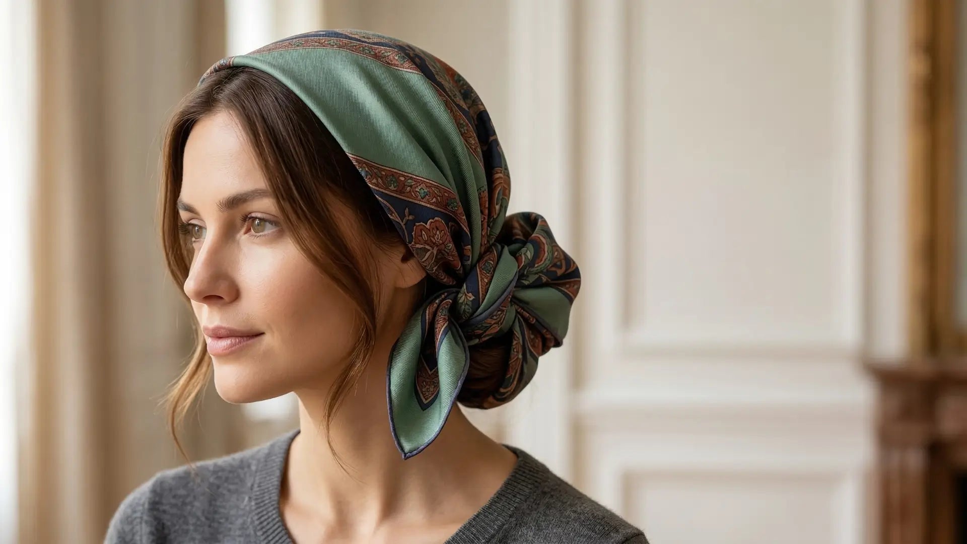 Back view of green and brown patterned silk headscarf knotted at back