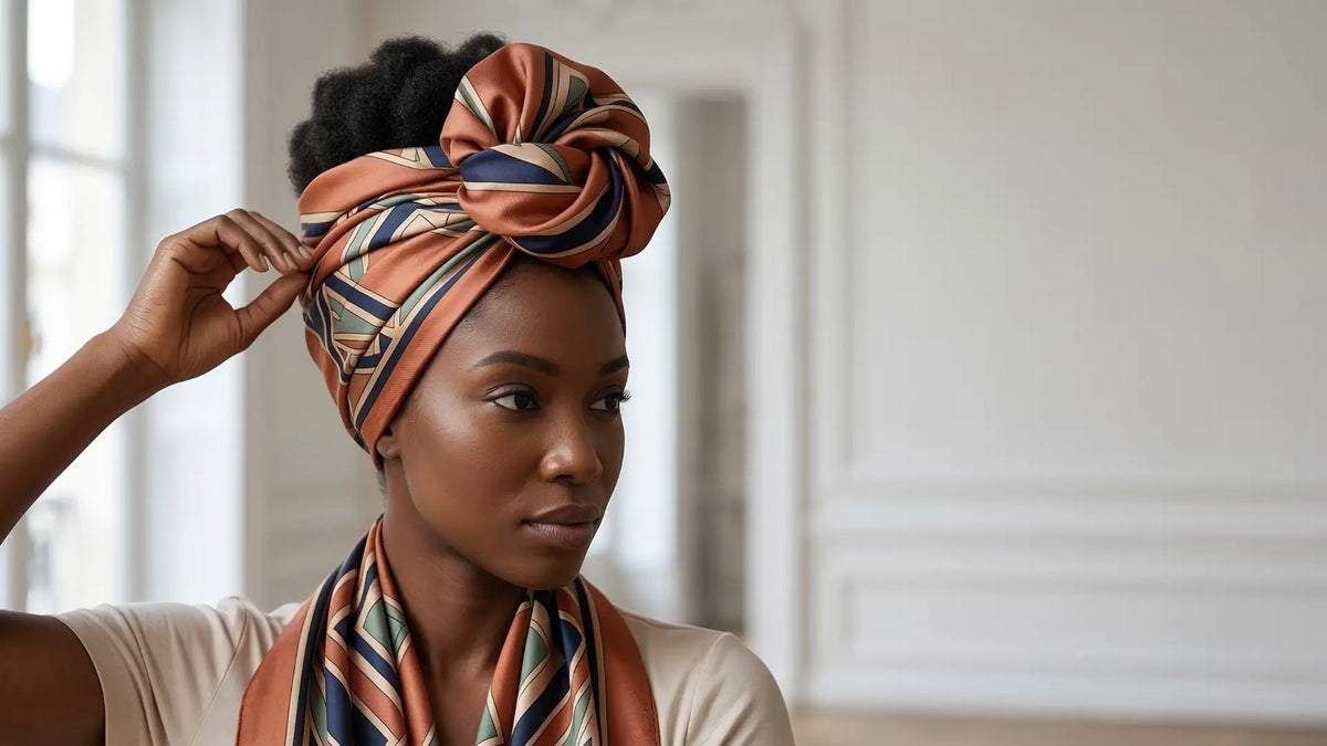 Woman in vibrant orange blue beige geometric headwrap for African tying tutorial