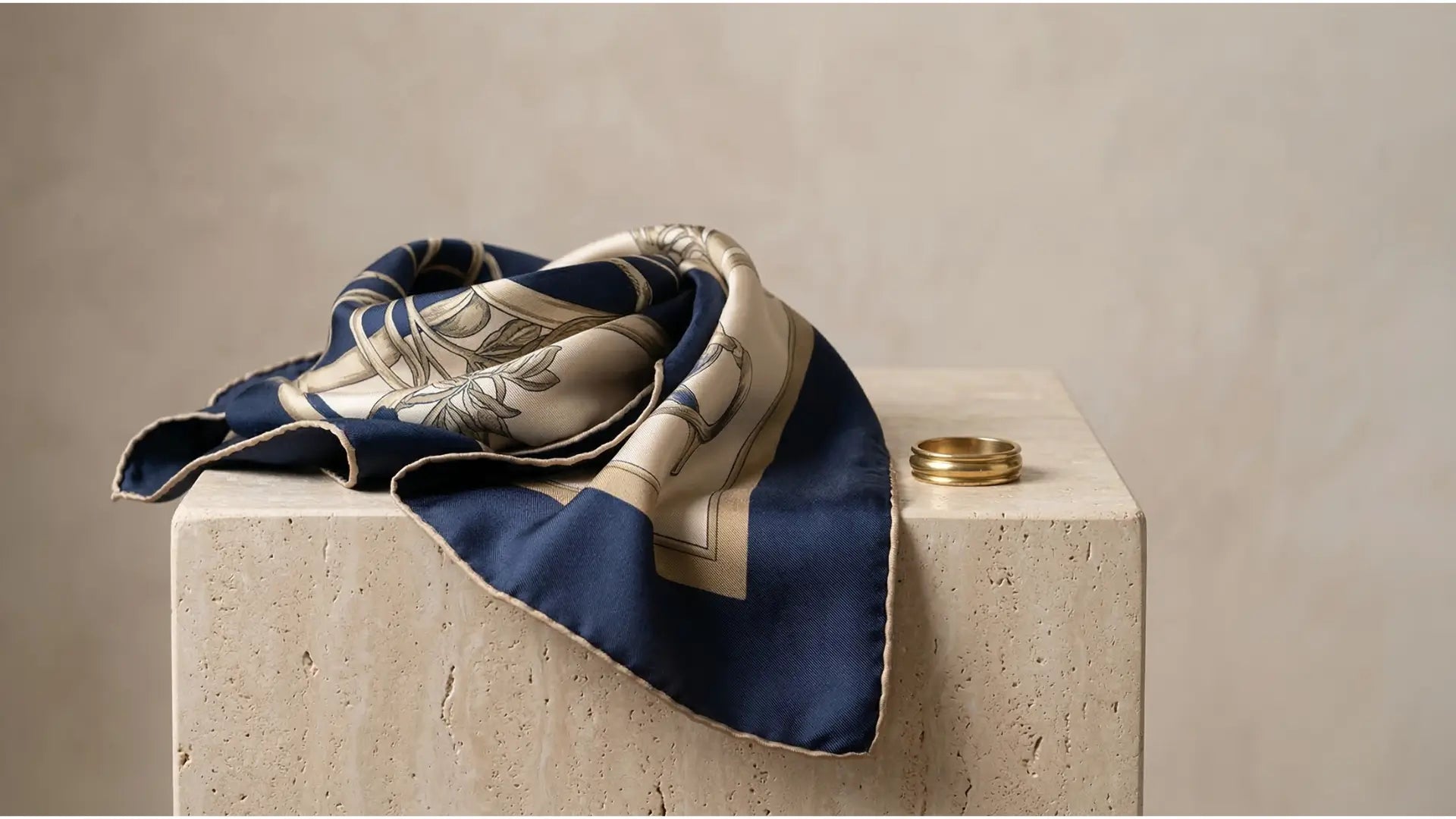 Navy blue cream silk scarf with botanical print gold trim Image
