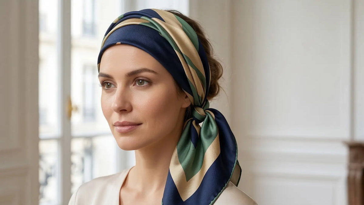 Elegant navy blue, beige, green striped silk headscarf tied on woman’s head Image