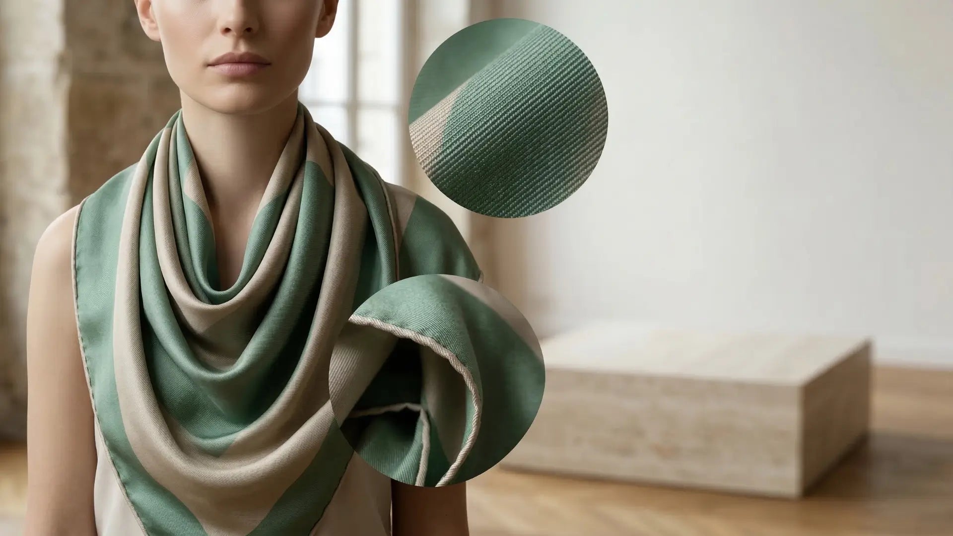 Large sage green and beige striped silk scarf for versatile styling