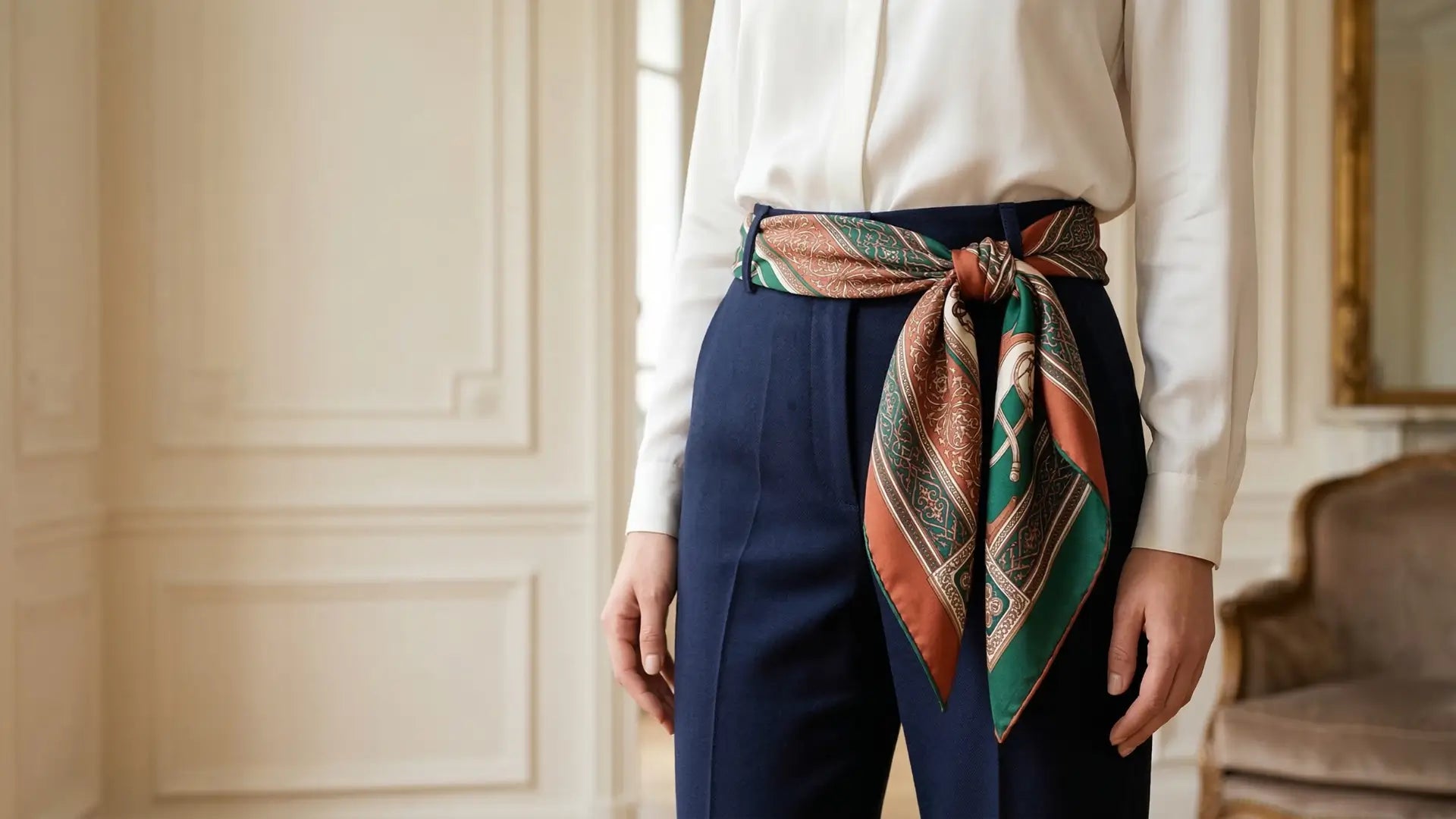 Patterned silk scarf tied as belt in green, orange, brown tones Image