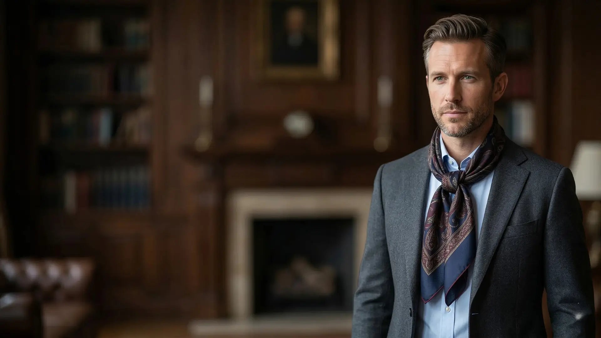 Man wearing dark blue paisley silk scarf around neck Image