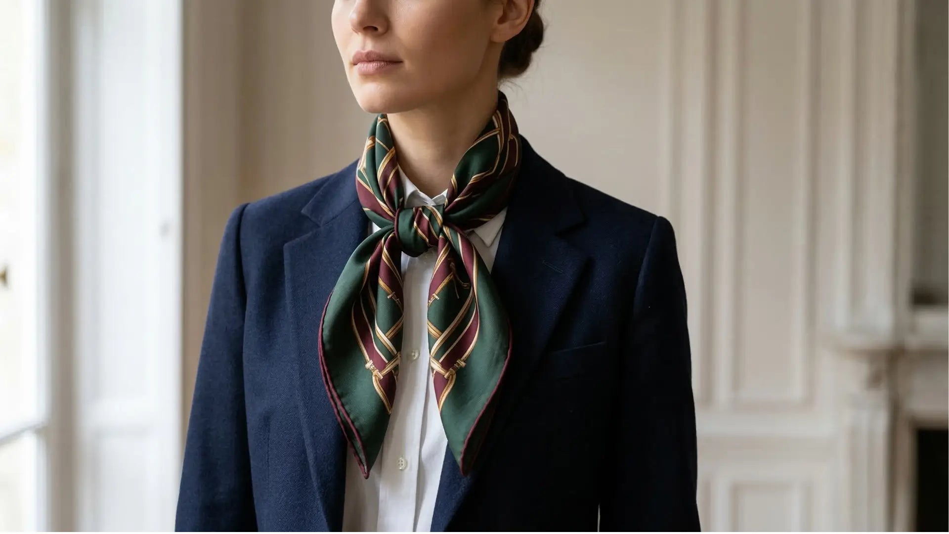 Dark green silk scarf with maroon gold stripes tied professionally around neck Image