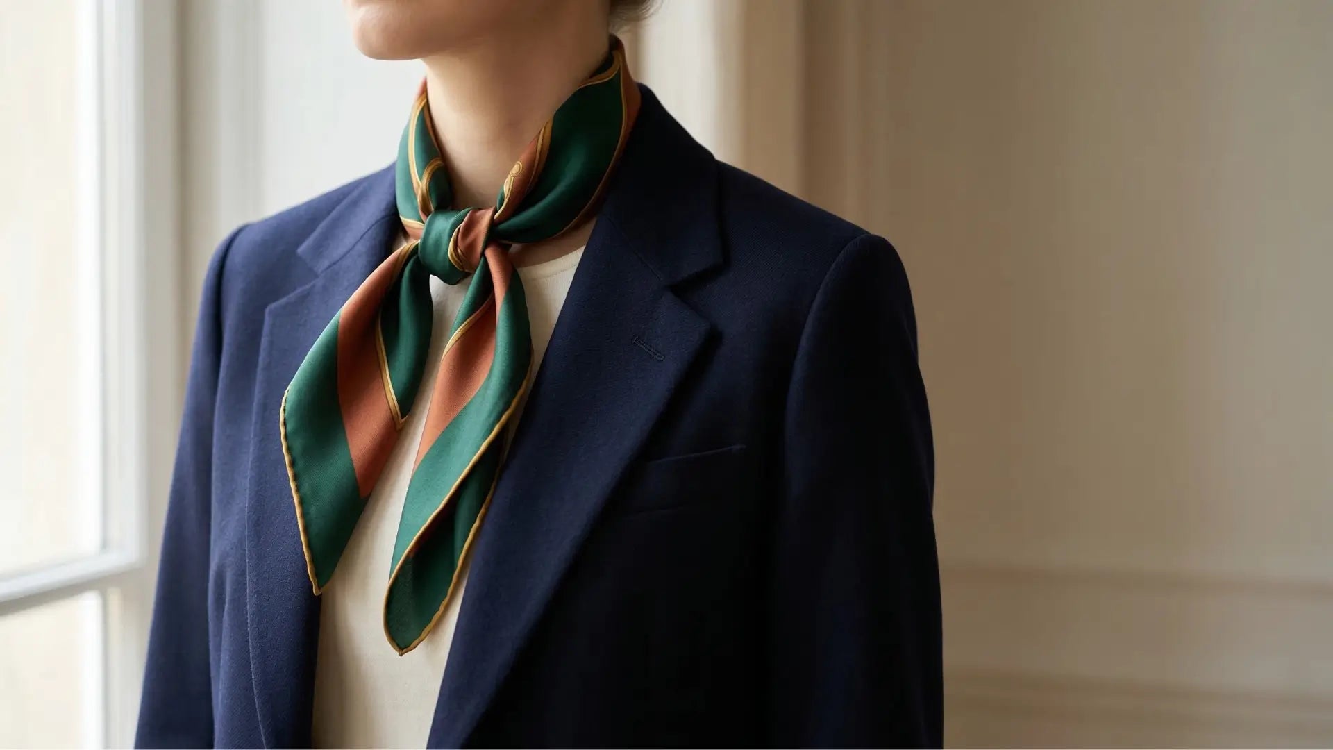 Vibrant green rust silk scarf with gold trim tied around neck for jacket