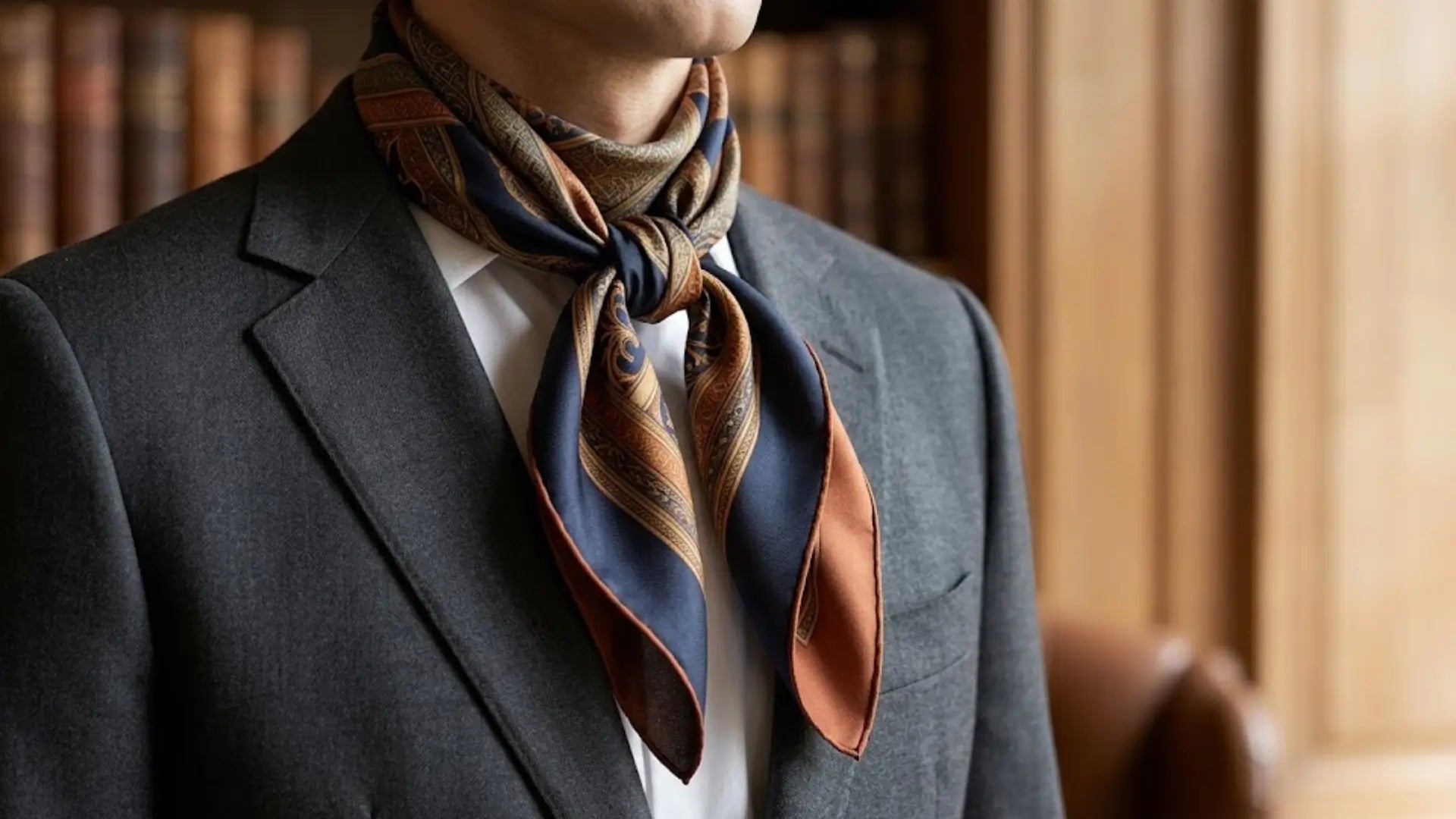Navy blue and rust paisley silk scarf tied neatly around neck with suit Image