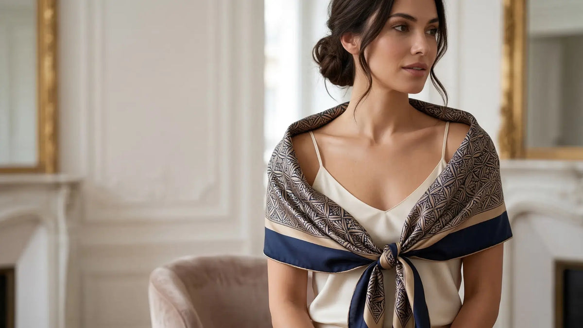 Woman wearing navy beige geometric silk shawl scarf elegantly on shoulders Image