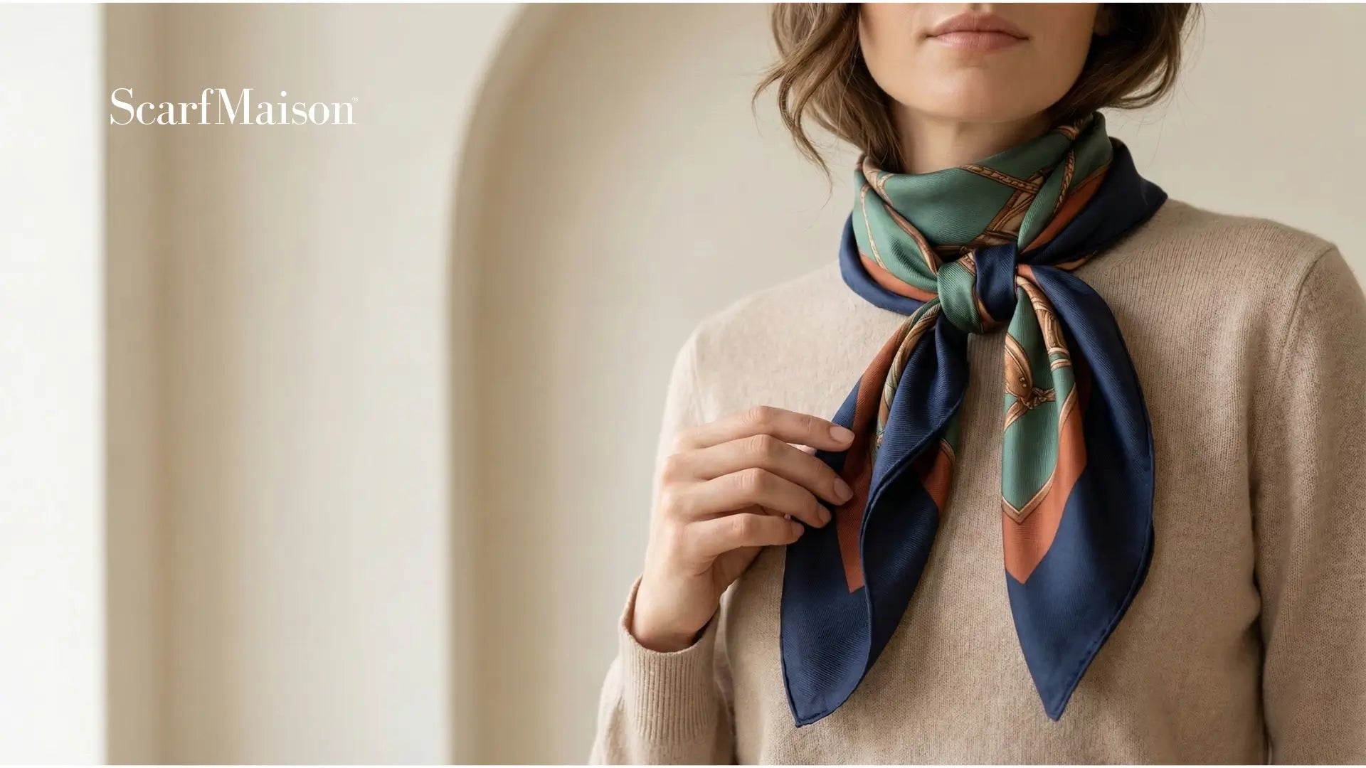 Navy blue and green patterned silk Scarfmaison scarf elegantly tied around neck Image
