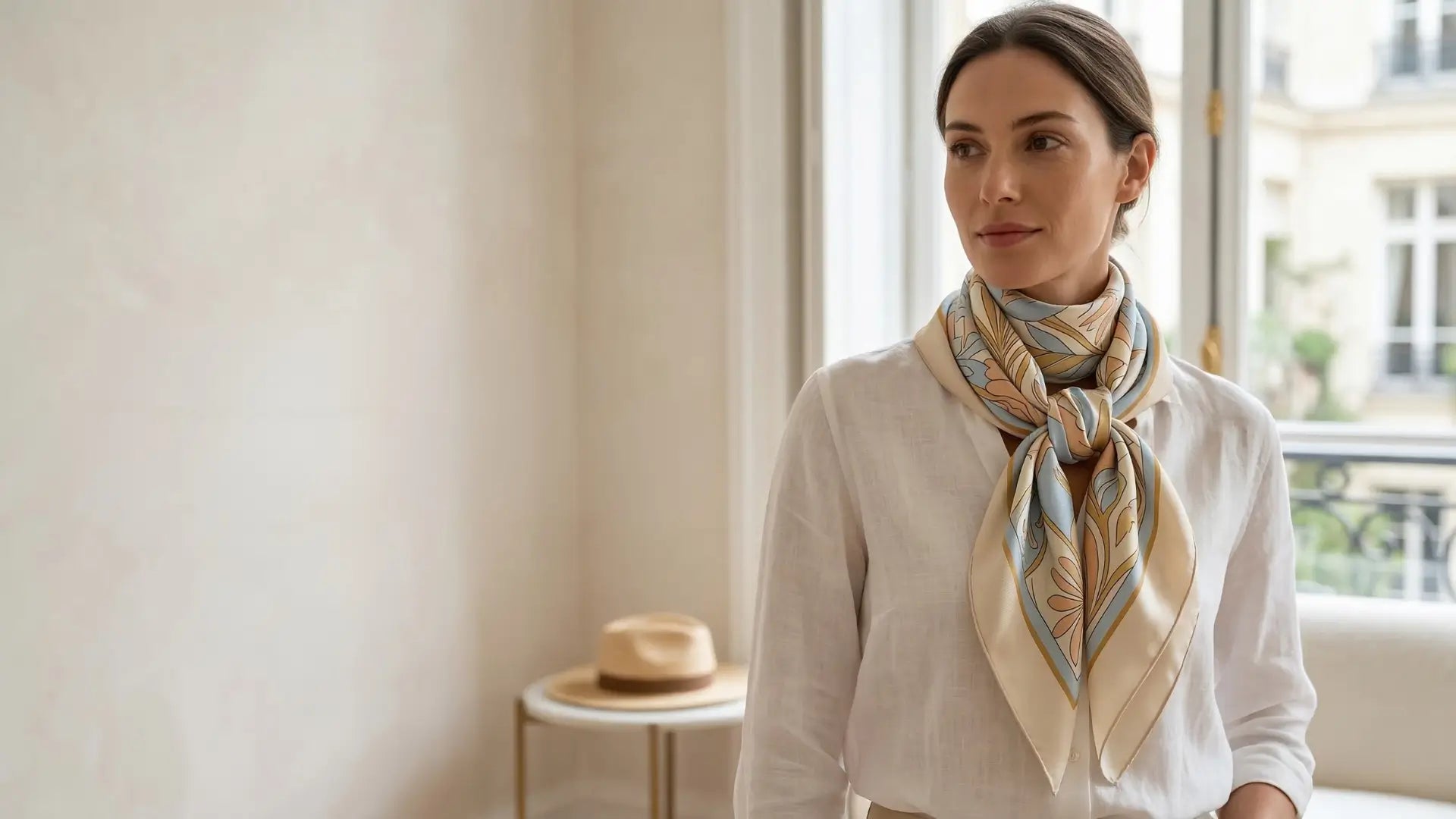 Woman wearing beige silk summer scarf with blue gold floral pattern