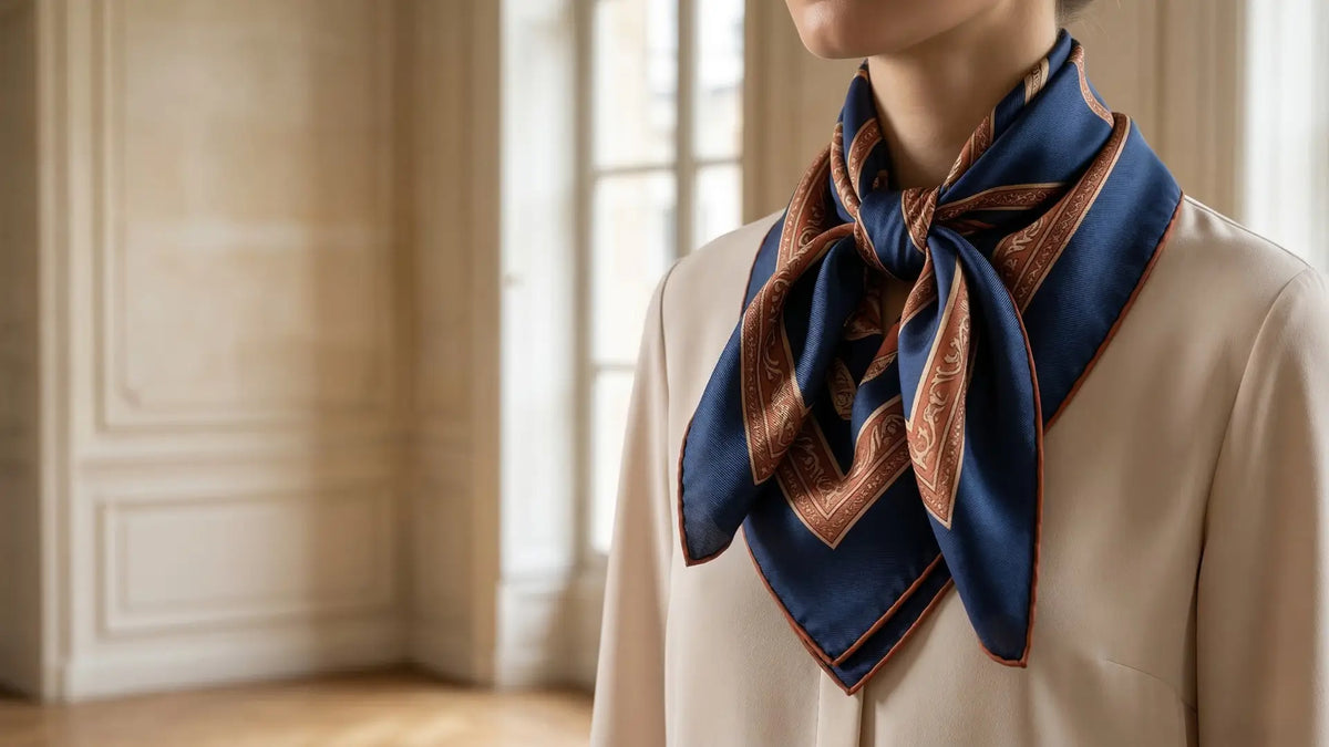 Navy blue silk triangle scarf with gold embroidery tied at neck Image