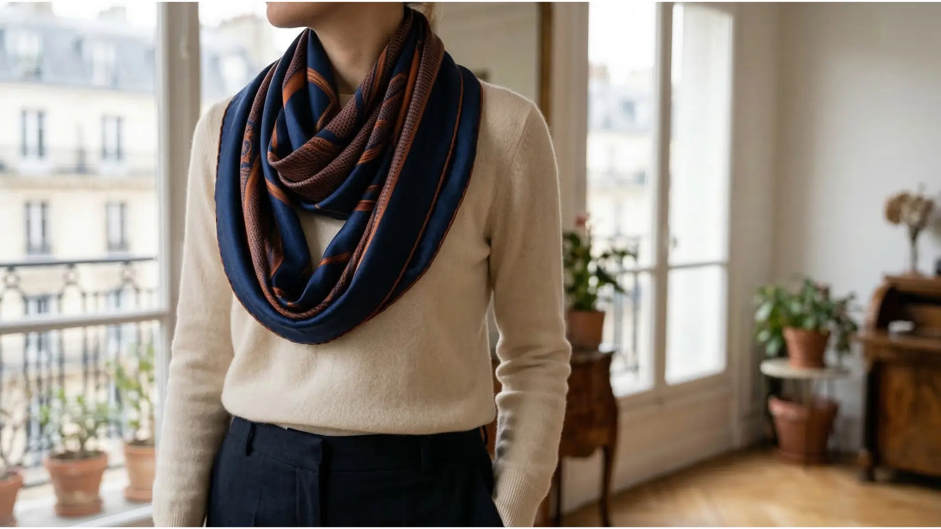 Navy blue and rust striped infinity scarf elegantly worn around neck Image