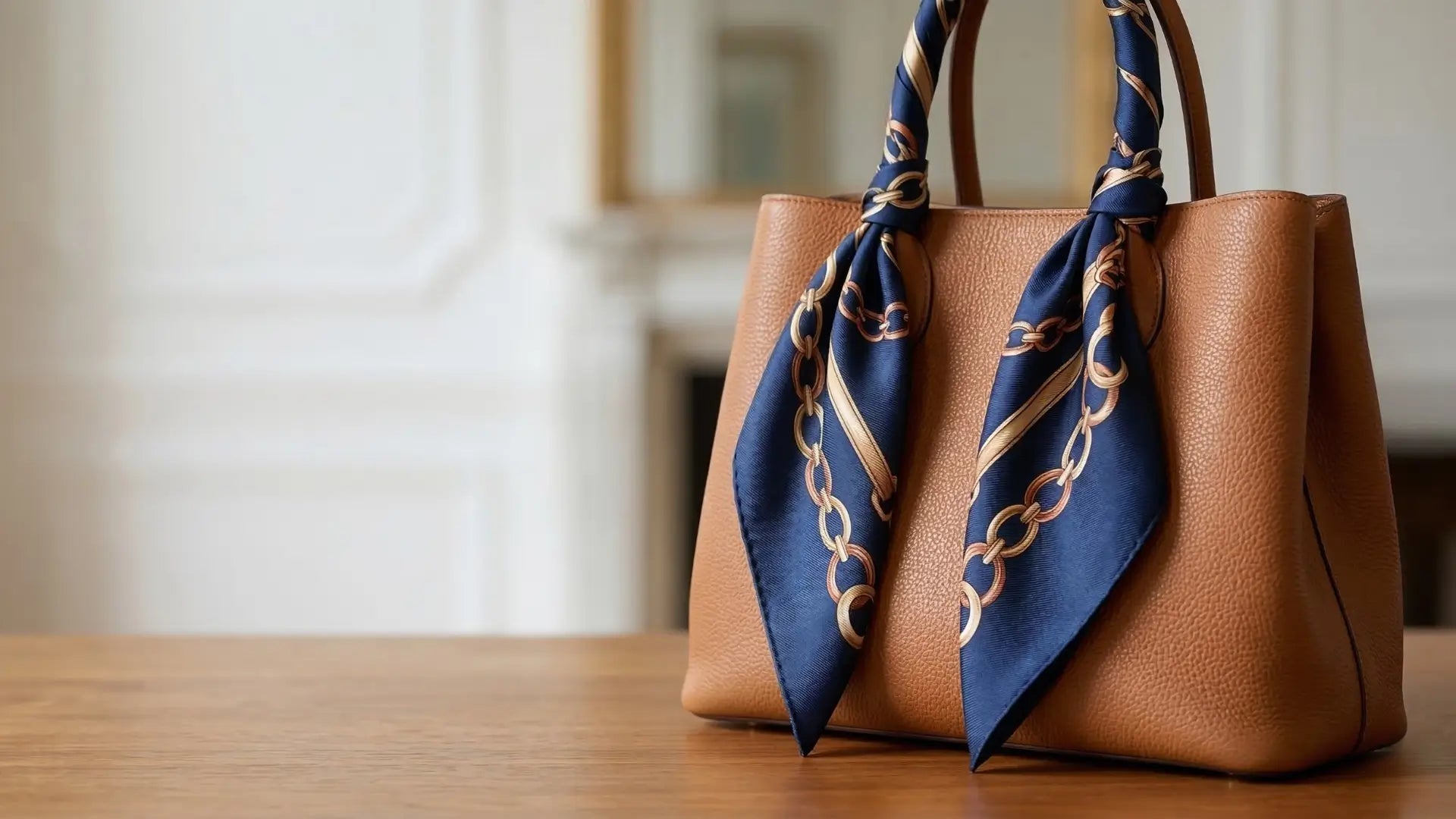 Navy blue silk scarf with gold chain pattern tied on tan tote bag handles