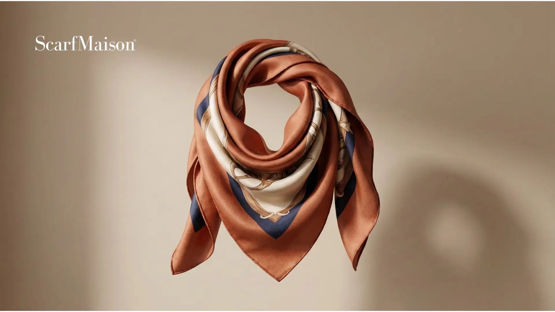 Luxurious terracotta cream silk scarf with navy accents in scarf wrapping guide Image