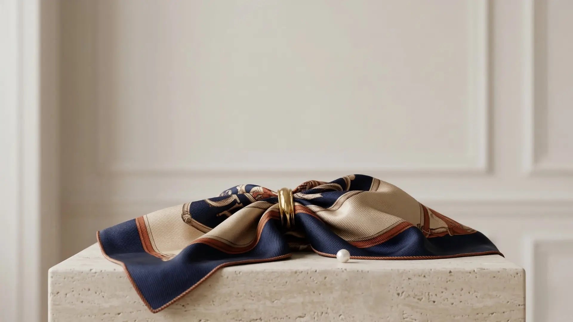 Navy blue, beige, rust silk scarf with geometric pattern tied in bow Image