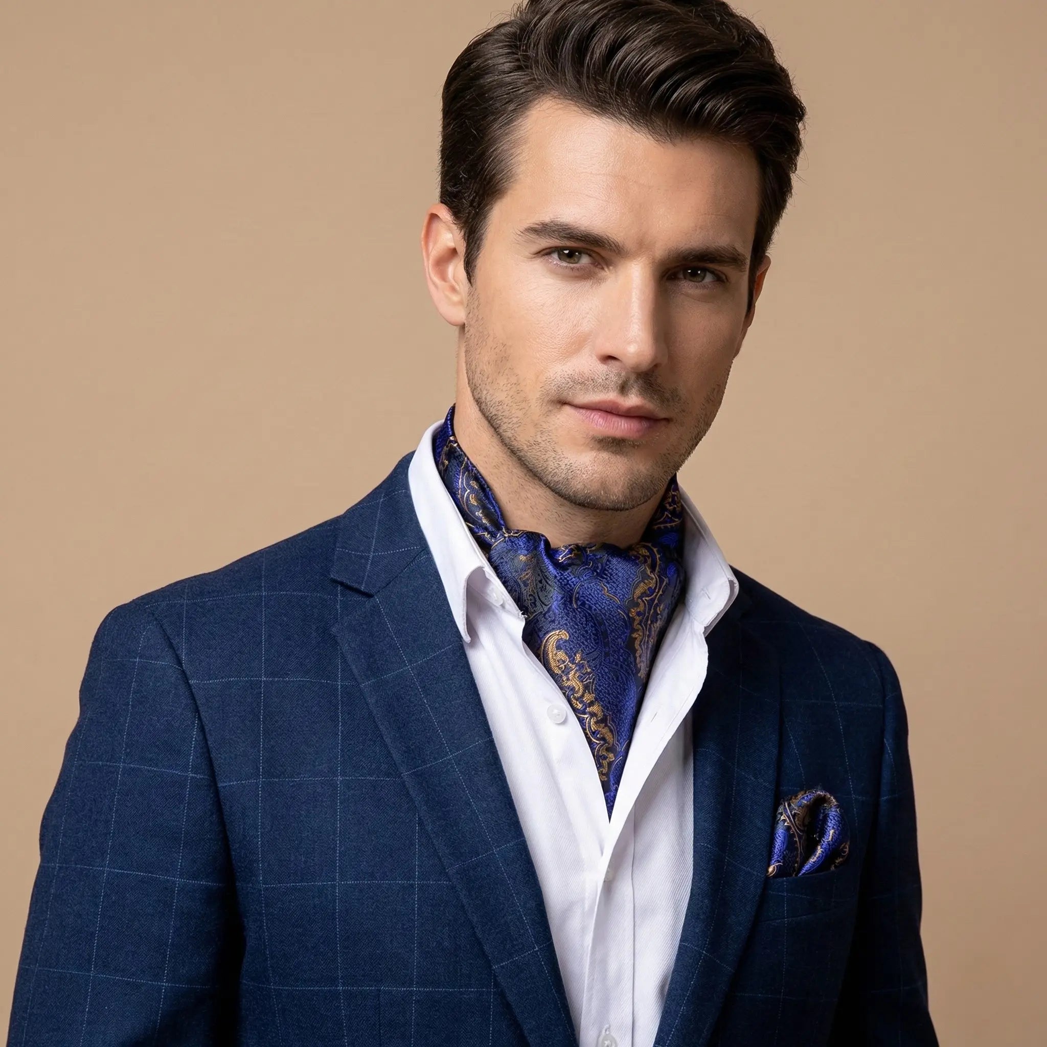 Blue patterned silk cravat with navy plaid suit in Ascot Scarf collection Image