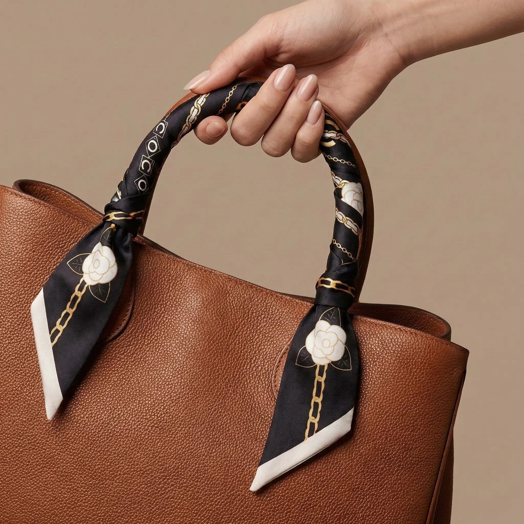 Black silk Bag Scarf with white floral gold chain motifs on brown leather handbag handle Image