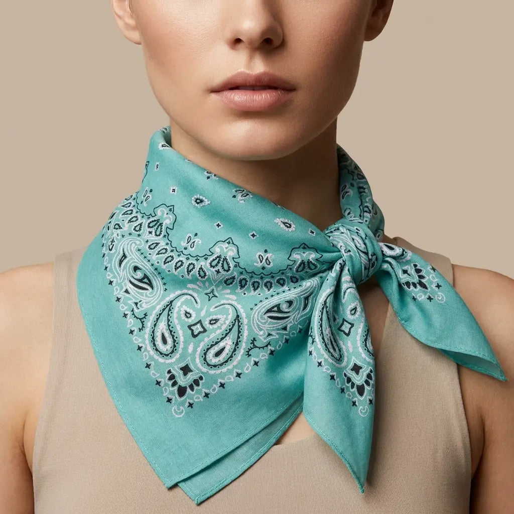 Turquoise paisley bandana scarf tied neatly around neck from Bandana Scarf Image