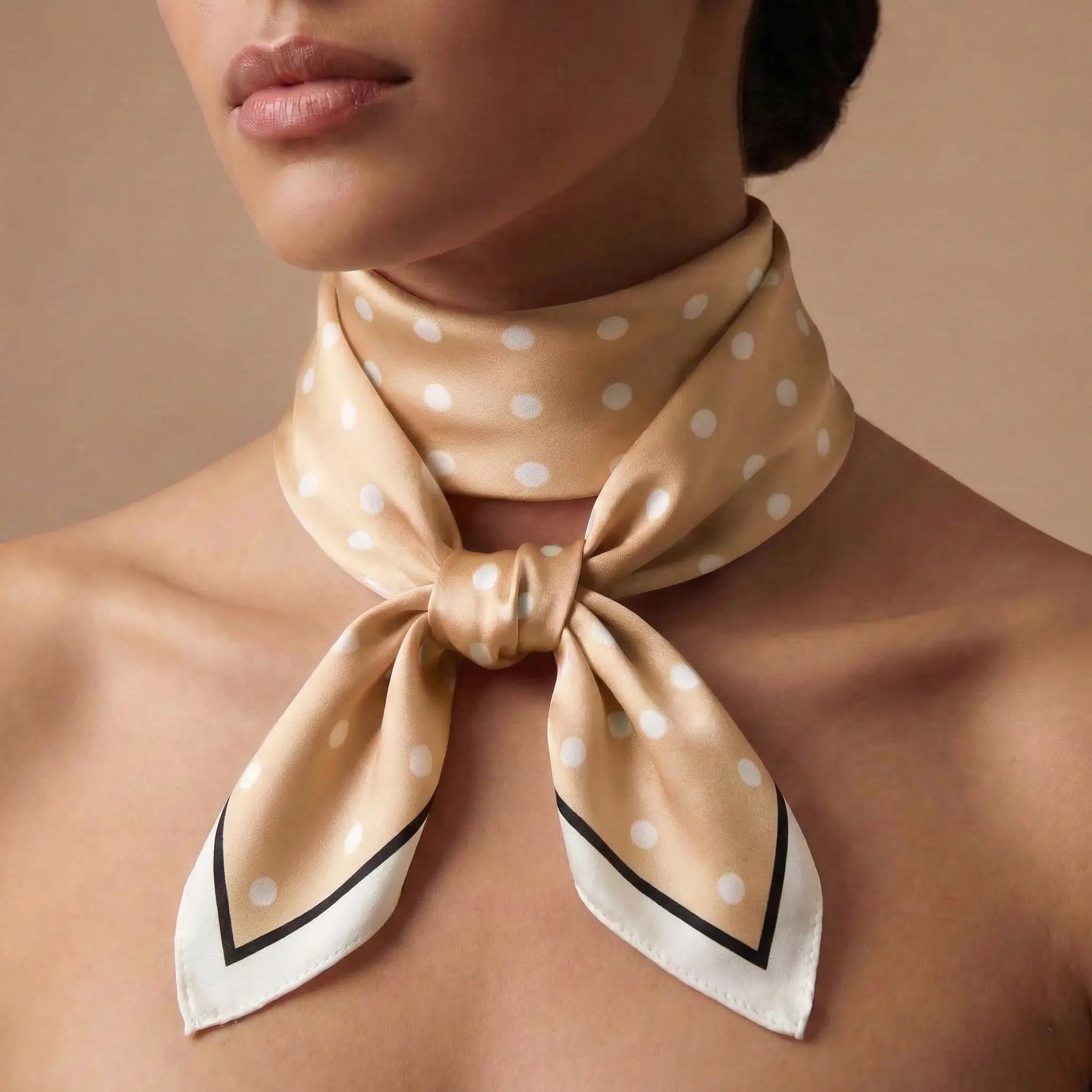 Beige silk scarf with white polka dots and black-trimmed corners in Beige Scarf collection Image