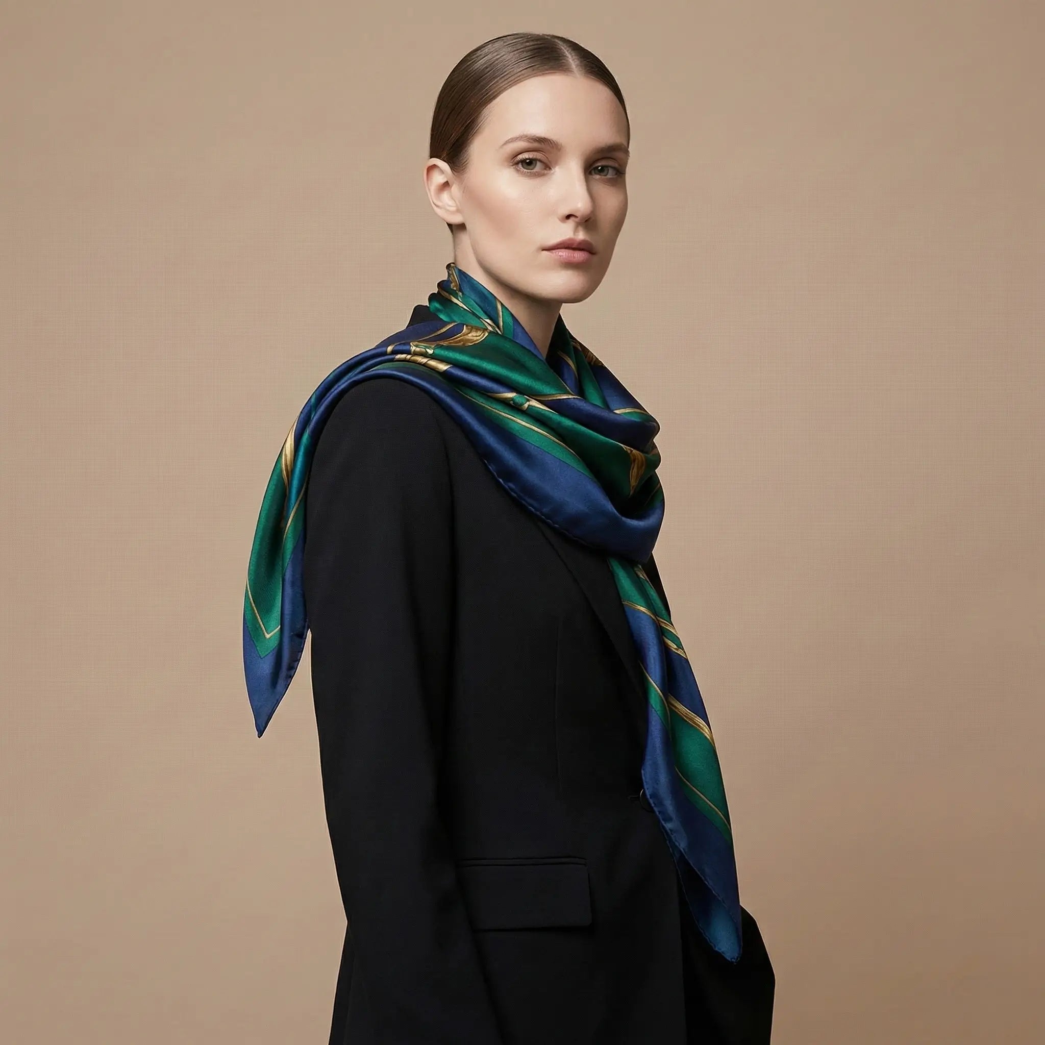 Luxurious emerald navy silk scarf with gold accents, best seller. Image