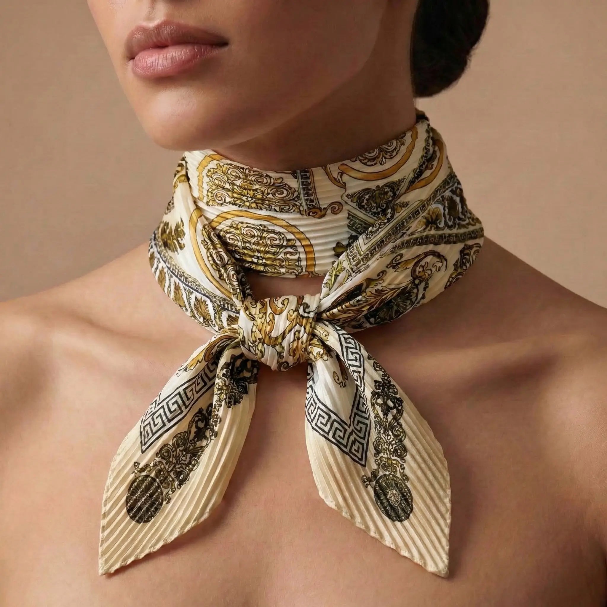 Cream-colored silk Gold Scarf with gold black baroque patterns on neck Image
