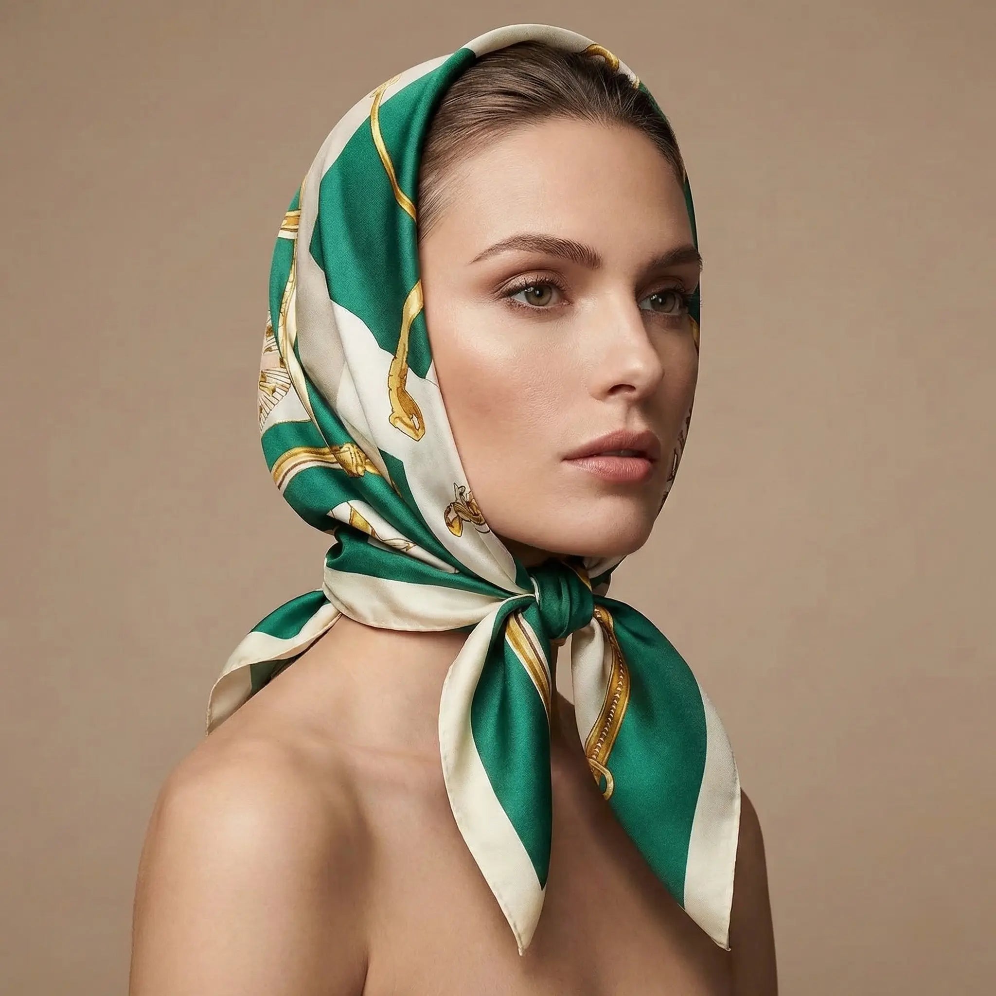 Woman in green and cream silk head scarf with gold horsebit detailing Image