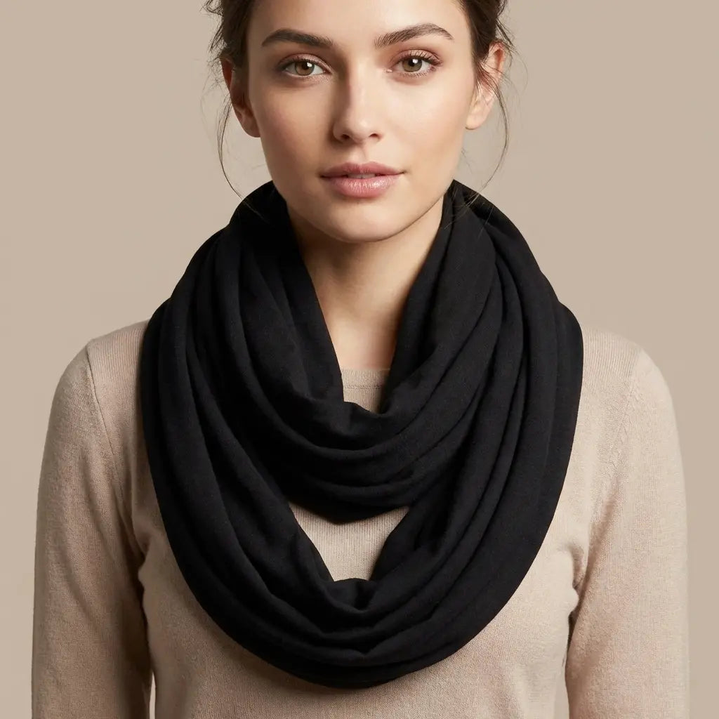 Black infinity scarf worn around the neck from Infinity Scarf collection Image