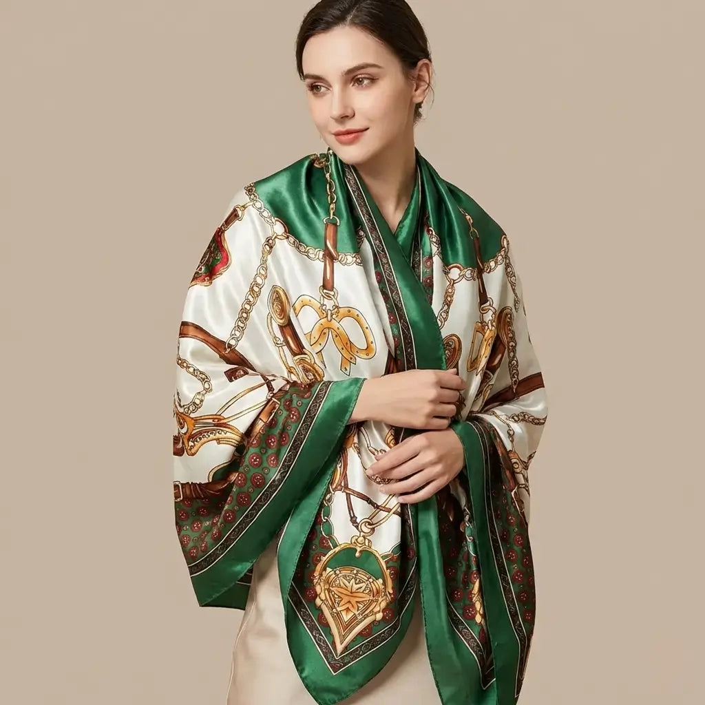 Green and white silk Large Scarf with gold horse tack motifs Image