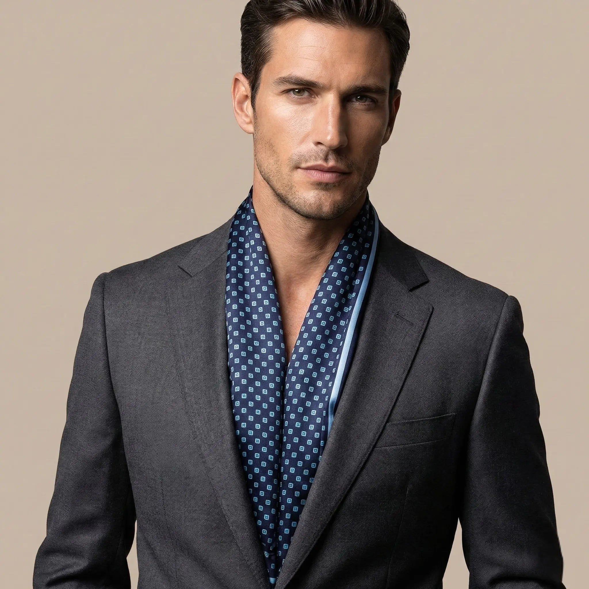 Navy blue silk scarf with subtle geometric pattern from Mens Silk Scarf collection Image