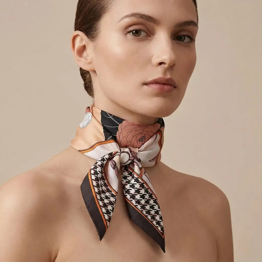 Delicate black white houndstooth silk neck scarf with peach floral motifs Image