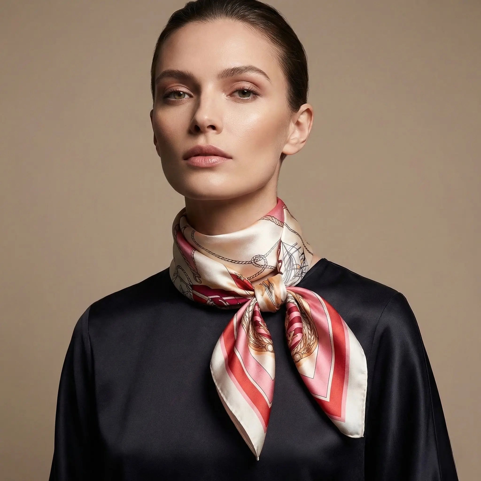 Luxurious pink cream silk Satin Scarf with nautical rope design tied around neck Image