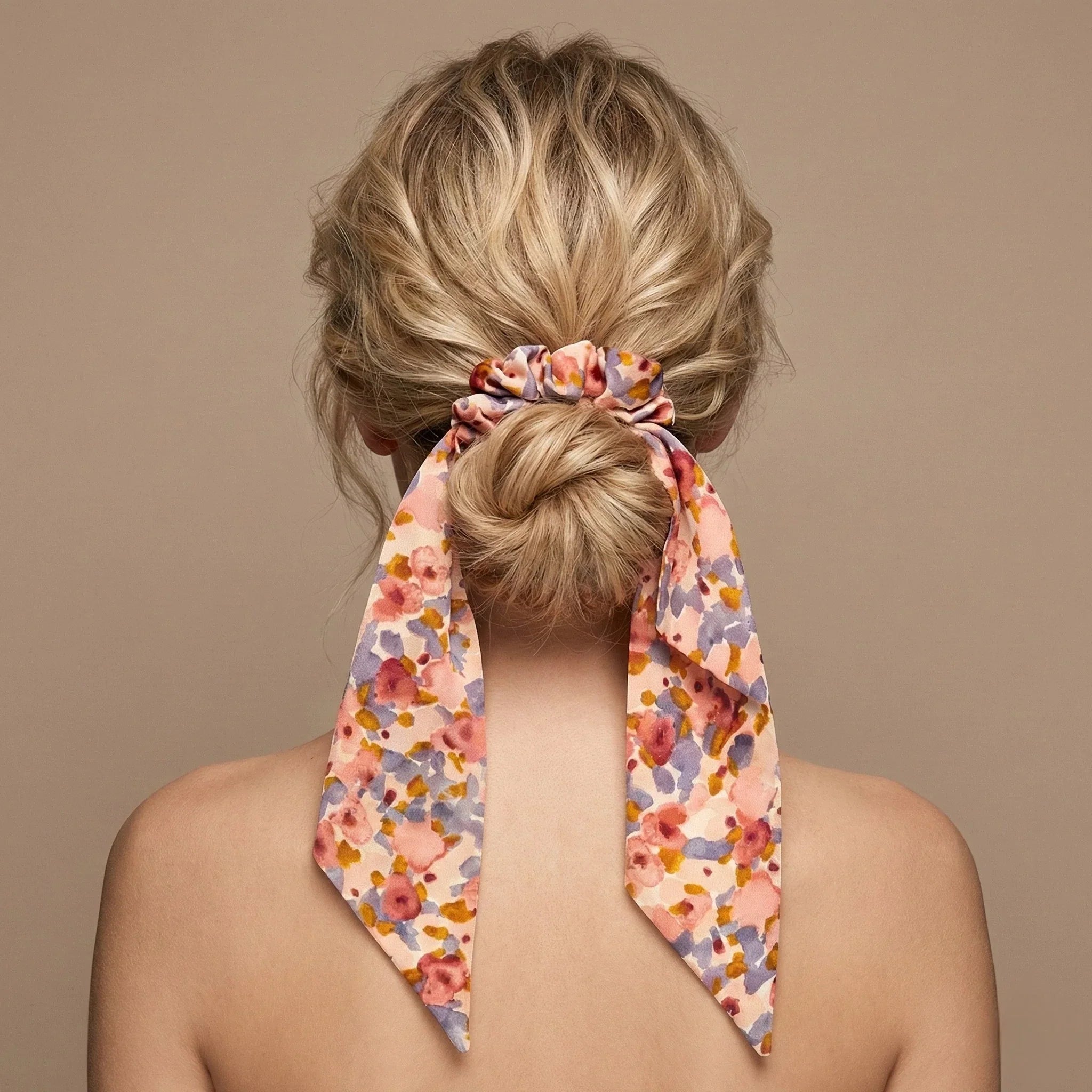 Soft pastel floral scrunchie with long ribbon tail from Scarf Scrunchie collection Image