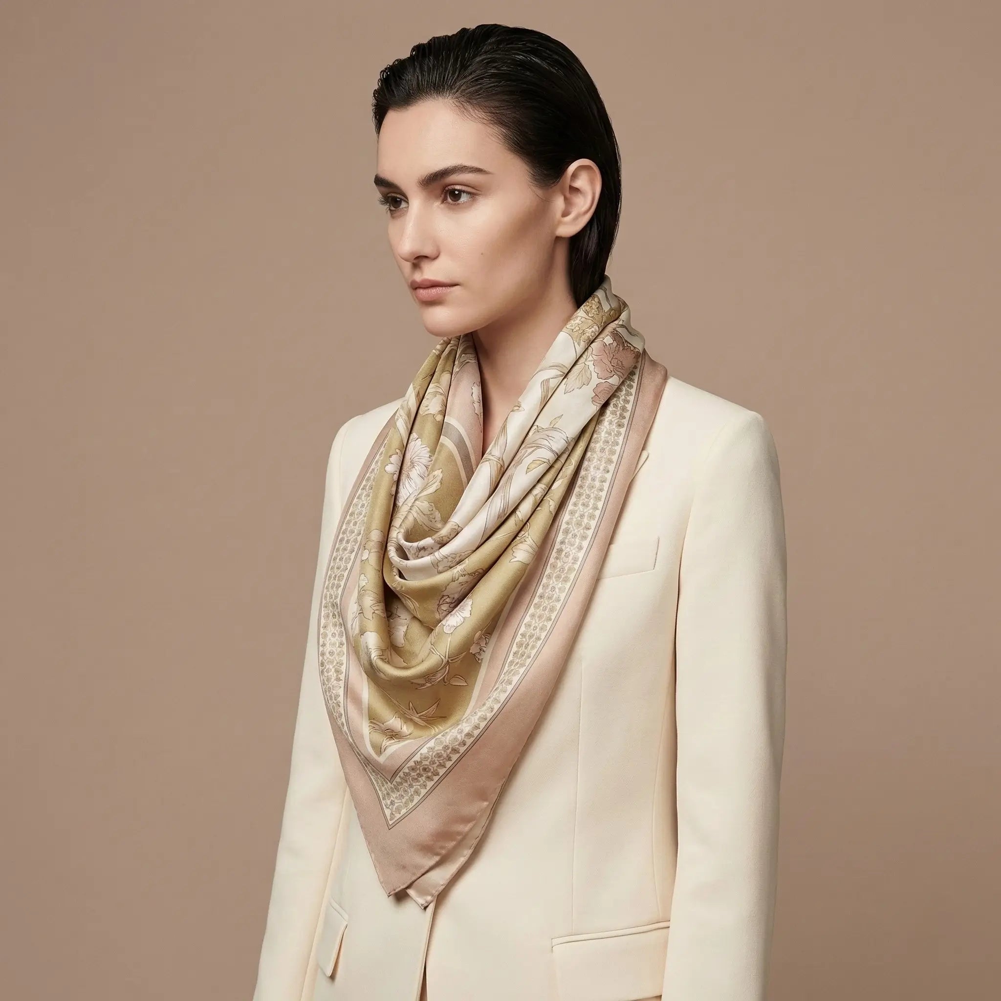 Beige and gold floral silk scarf from Scarf collection Image
