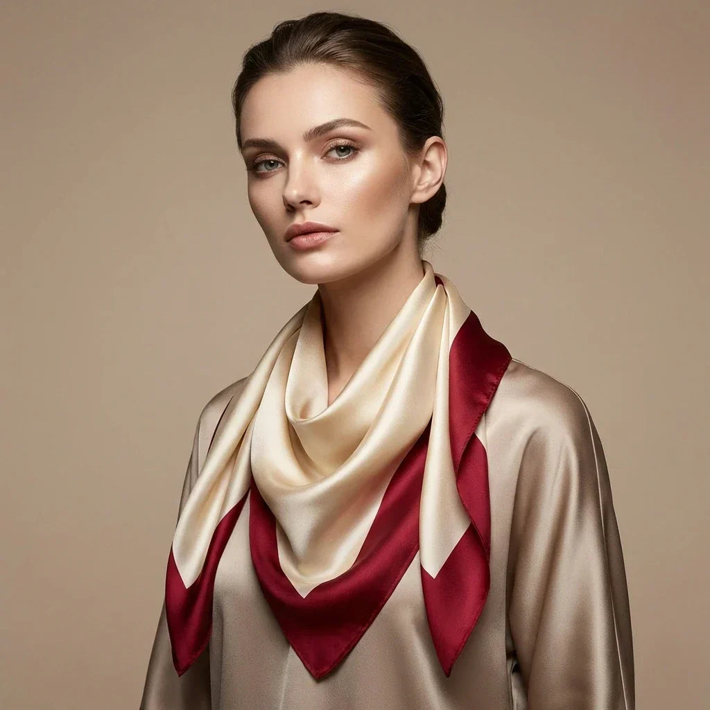 Luxurious cream and burgundy silk scarf with satin finish from Silk Scarf collection Image