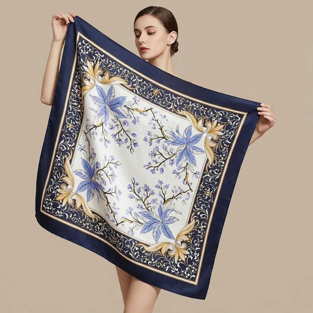 Square Scarf: navy blue silk with purple gold floral center, ornate borders Image