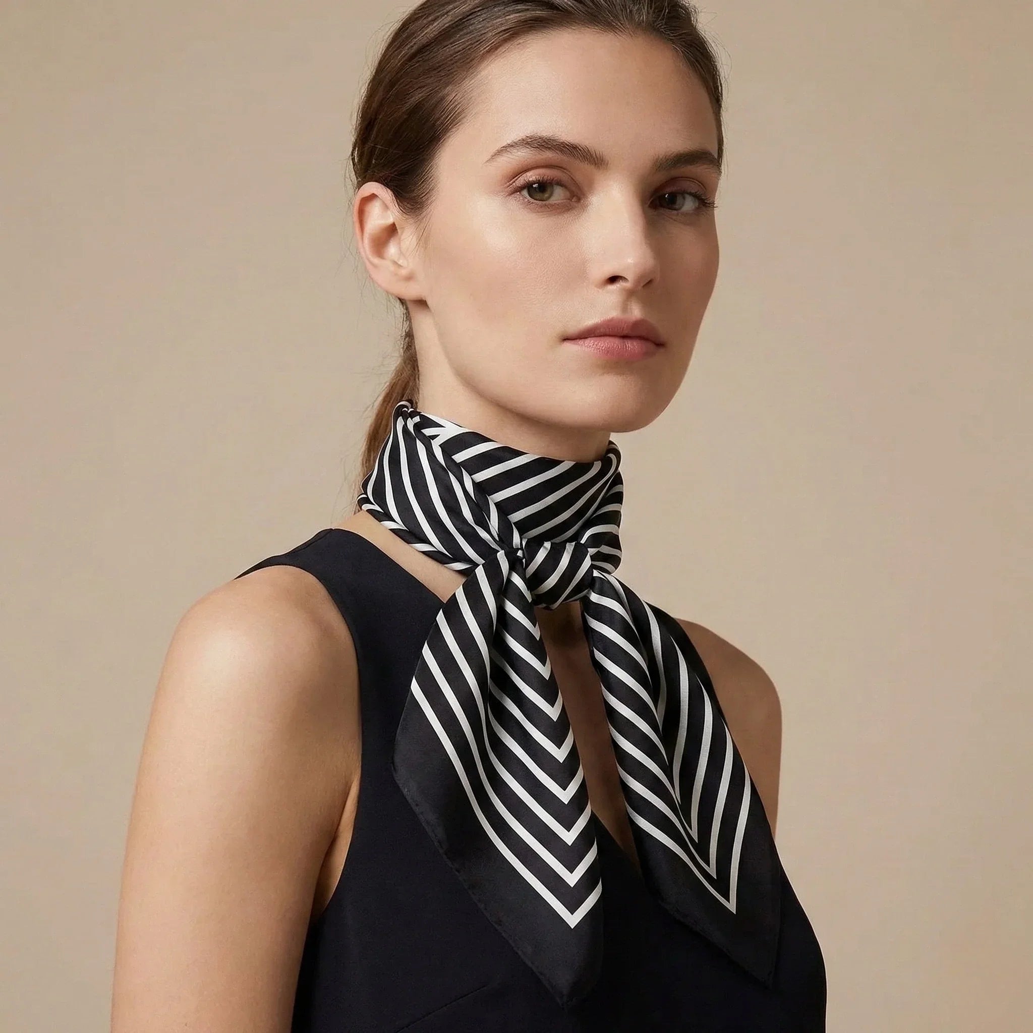 Black and white striped silk scarf tied around neck, Womens Scarf collection Image