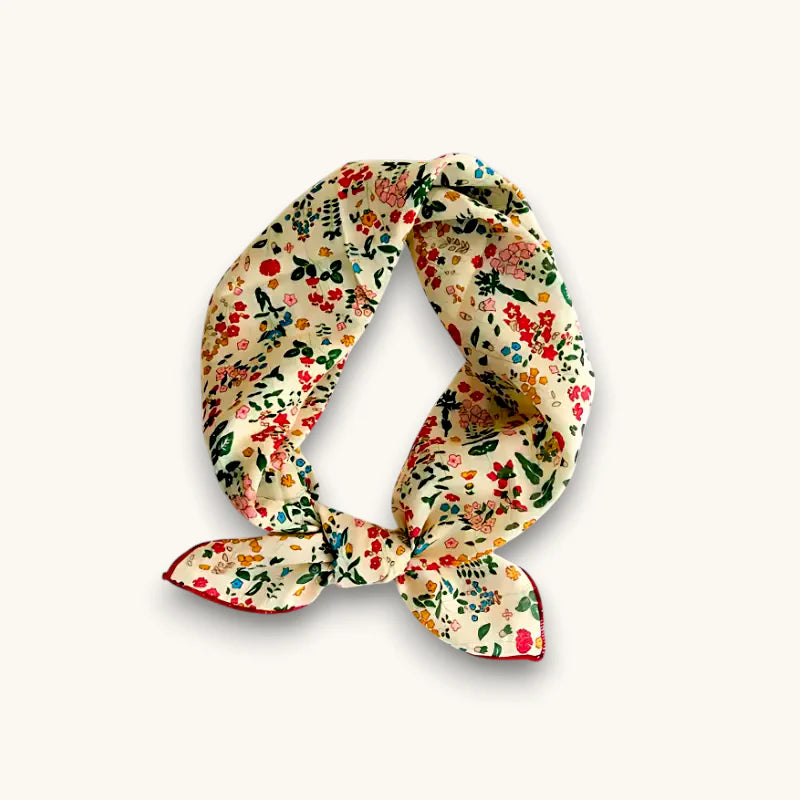 100% cotton womens scarf in cream silk with floral pattern, neatly knotted