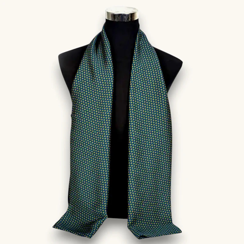 100% silk dark green mens scarf with geometric pattern on black mannequin