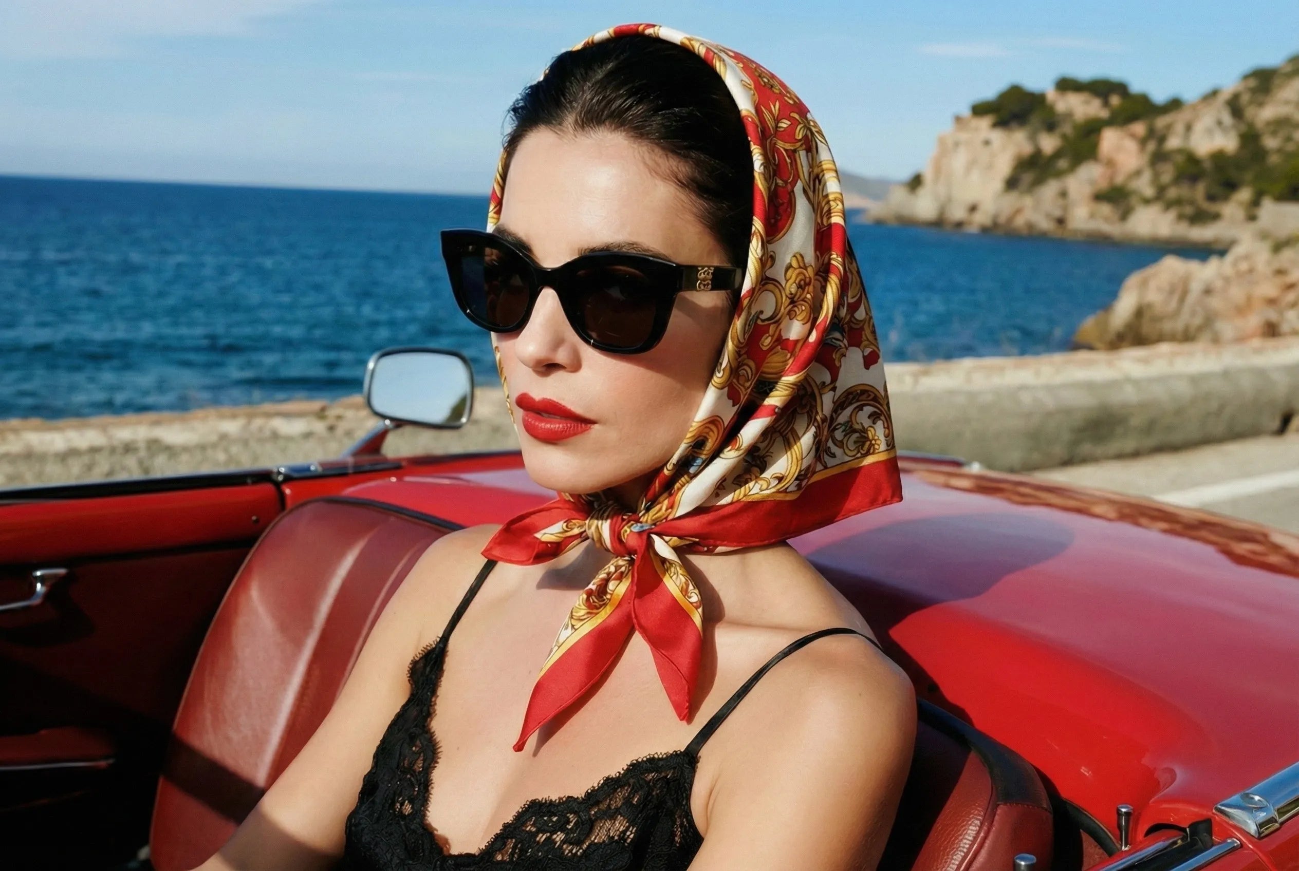 Elegant red and white silk hair scarf with gold patterns tied under the chin of a woman driving a classic car. Image