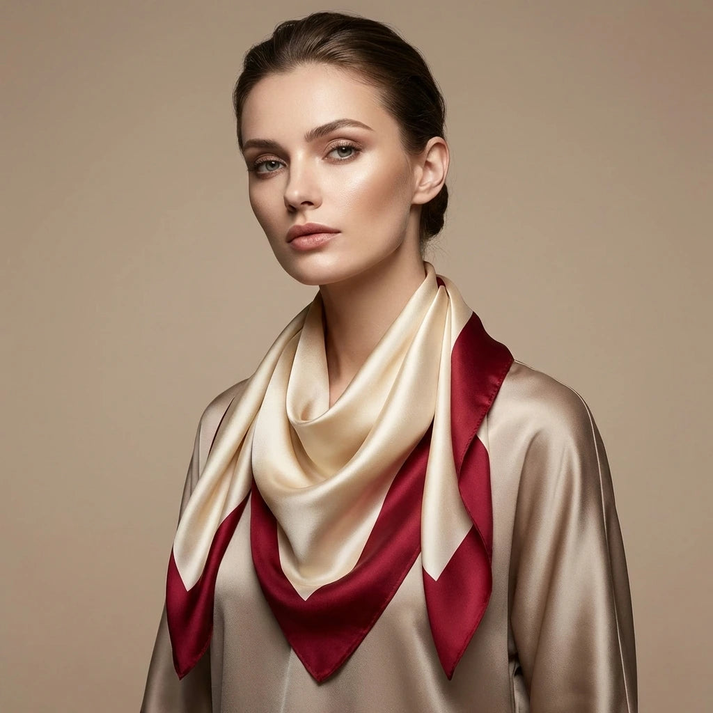 Woman wearing a beige blouse and red and beige scarf against a beige background