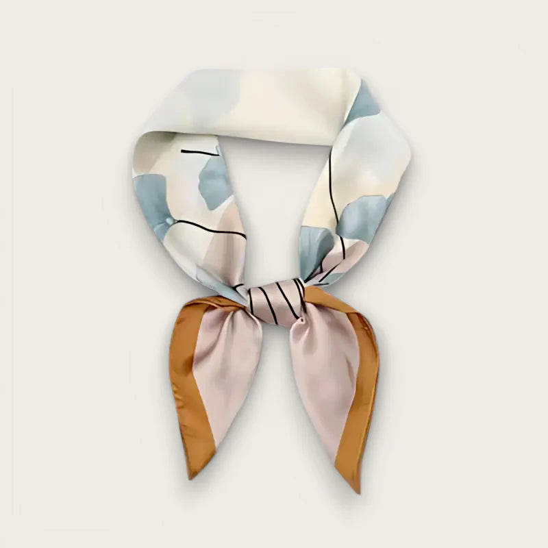 Abstract Print Scarf in pastel silk with geometric blue beige pink patterns